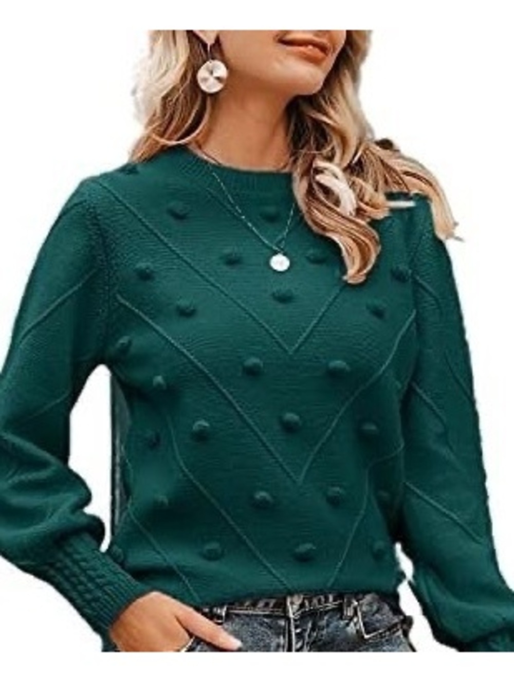 Miessial Fall Crew Neck Pullover Sweater Puff Sleeve Chunky Knit Pompom